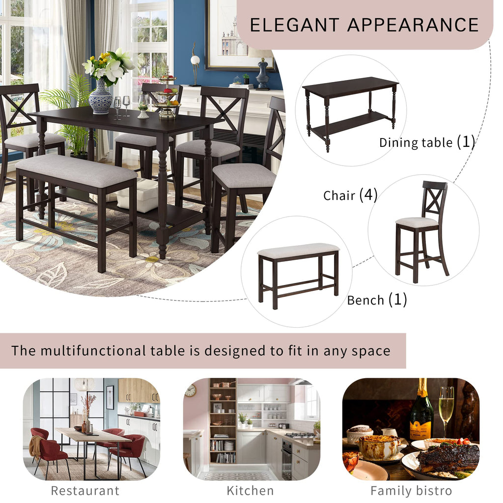 6-Piece Wooden Dining Table Set, Wood Rectangular Table and 4 Upholstered Chairs and 1 Bench, Kitchen Dining Table