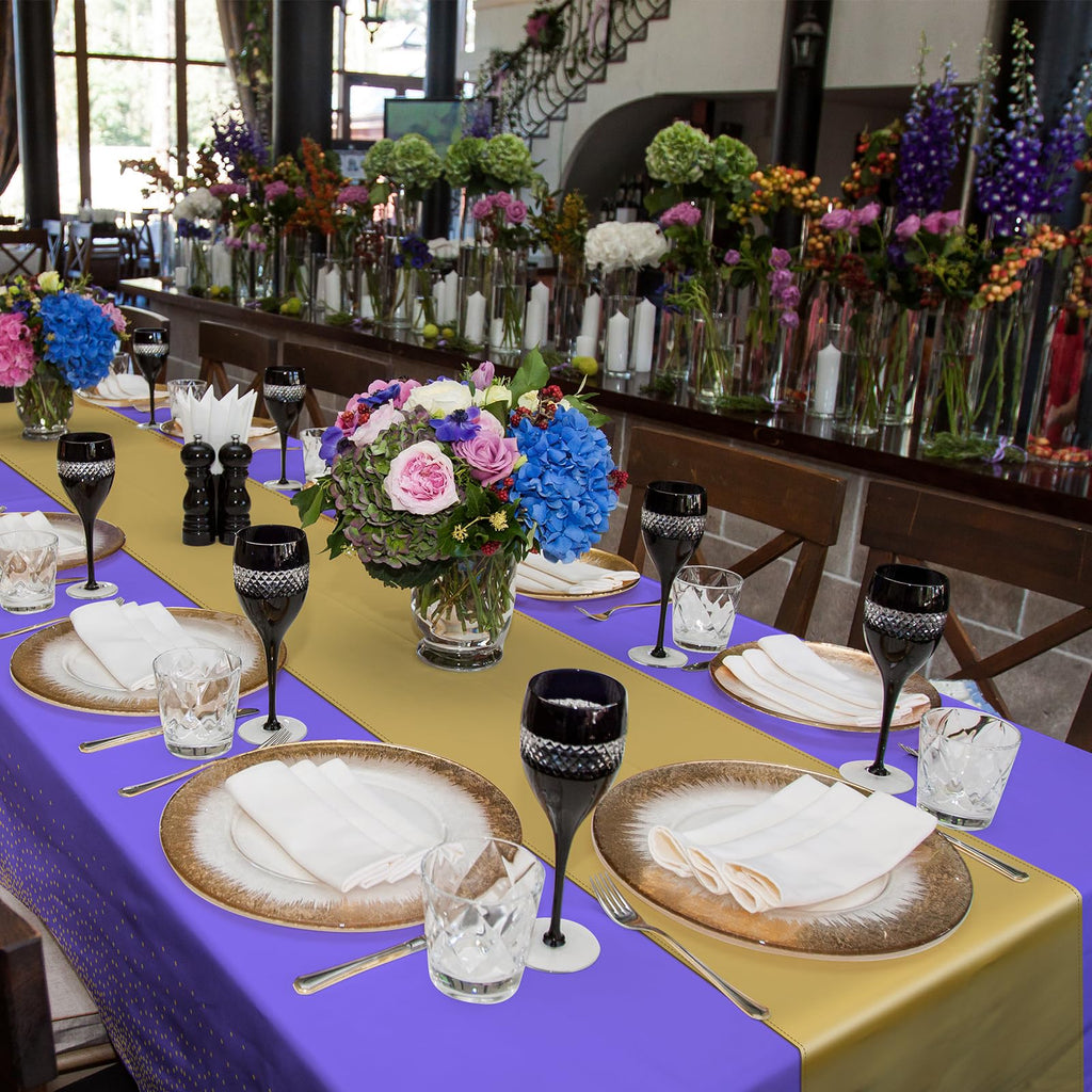 8Pack Disposable Plastic Tablecloths and Satin Table Runner Set Purple and Gold Dot Tablecloth Gold Satin Table