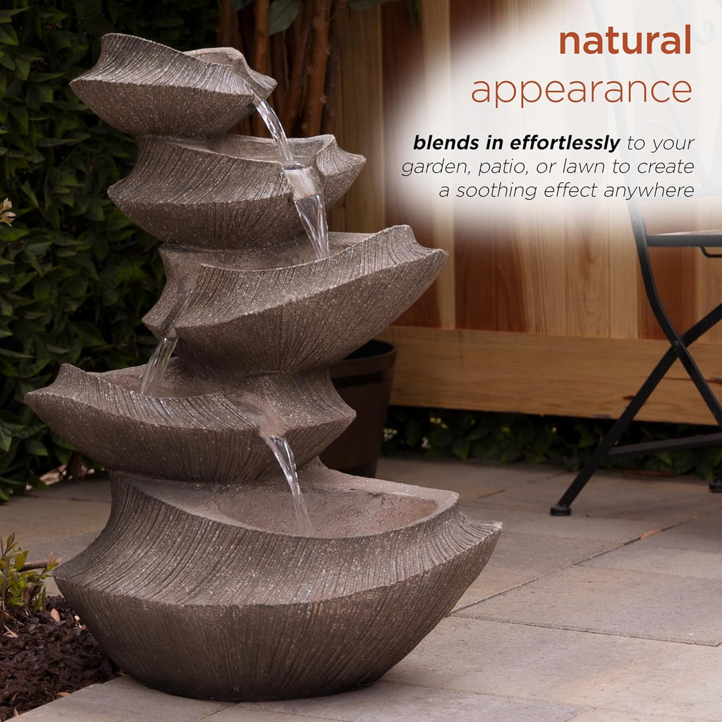Outdoor Floor Tiered Basin Fountain with LED Lights, Modern Basin Garden Fountain 31", Brown