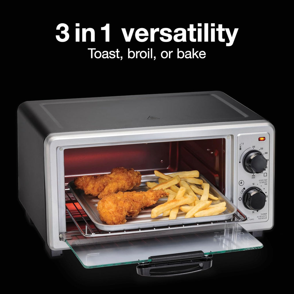 4 Slice Countertop Toaster Oven, Multi-Function with Bake, Toast and Broiler, 1100 Watts, 30 min timer and auto