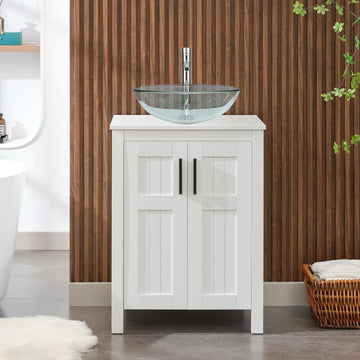 White 24" Bathroom Vanity with Sink Combo,Modern Vanity with Vessel Sink,Stylish Bathroom Vanity Cabinet,Grooved