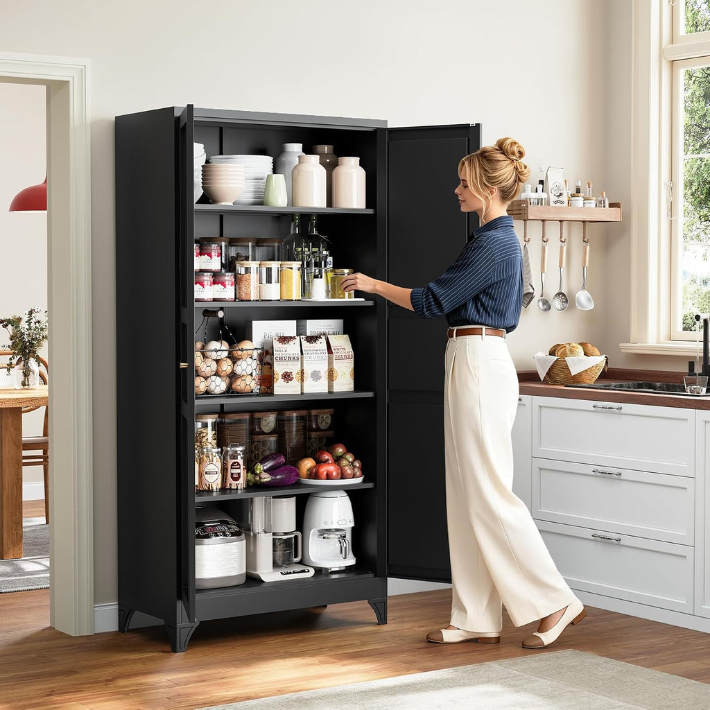Metal Pantry Cabinet, 75" Kitchen Pantry with 2 Door and 4 Adjustable Shelves,Black Metal Pantry Storage