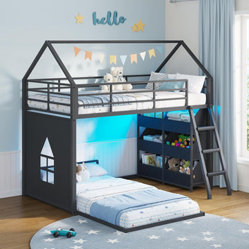 Low Bunk Bed Twin Over Twin with Toy Storage Organizer-6 Removable Bins, Floor Bunk Beds with LED Lights