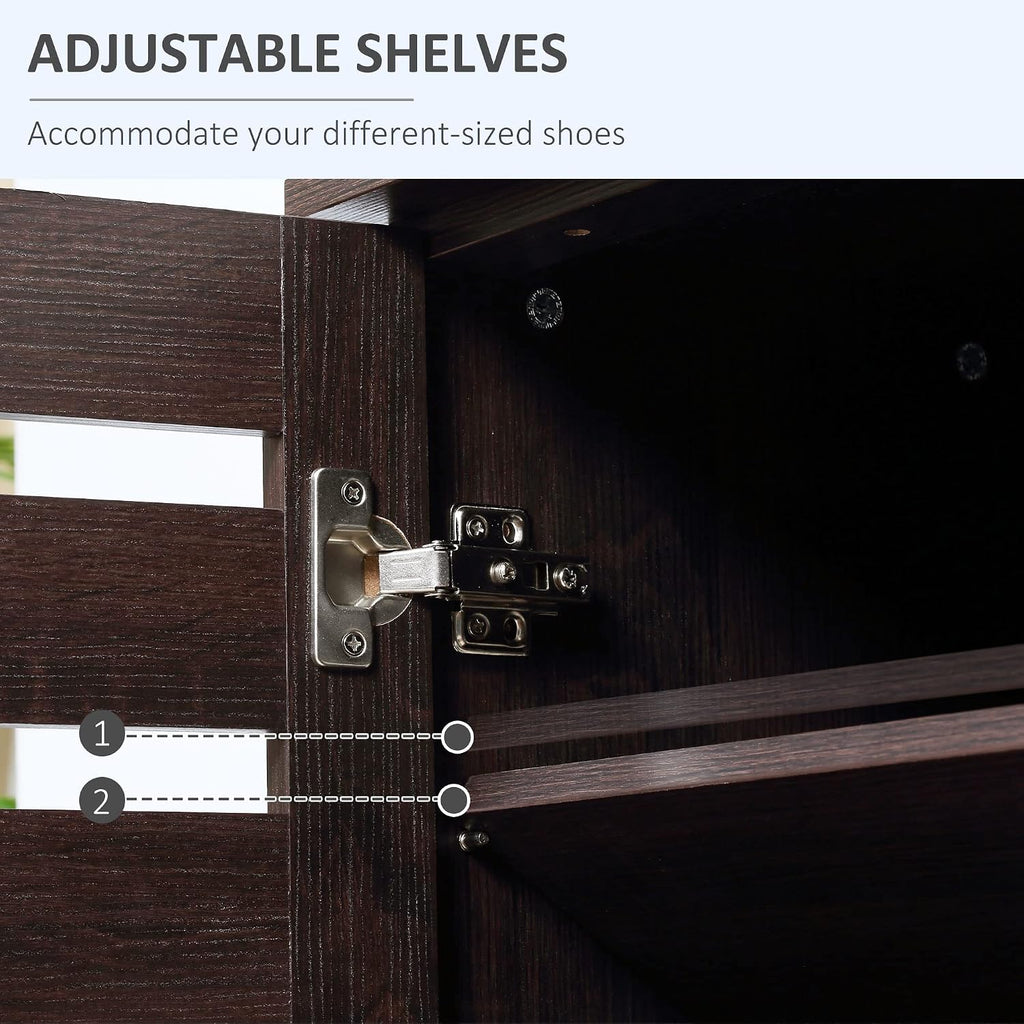Slim Shoe Cabinet 2 Slatted Doors, 5-Tier Shelving Cupboard for 15 Pairs of Shoes, Narrow Entryway Storage Unit, Dark