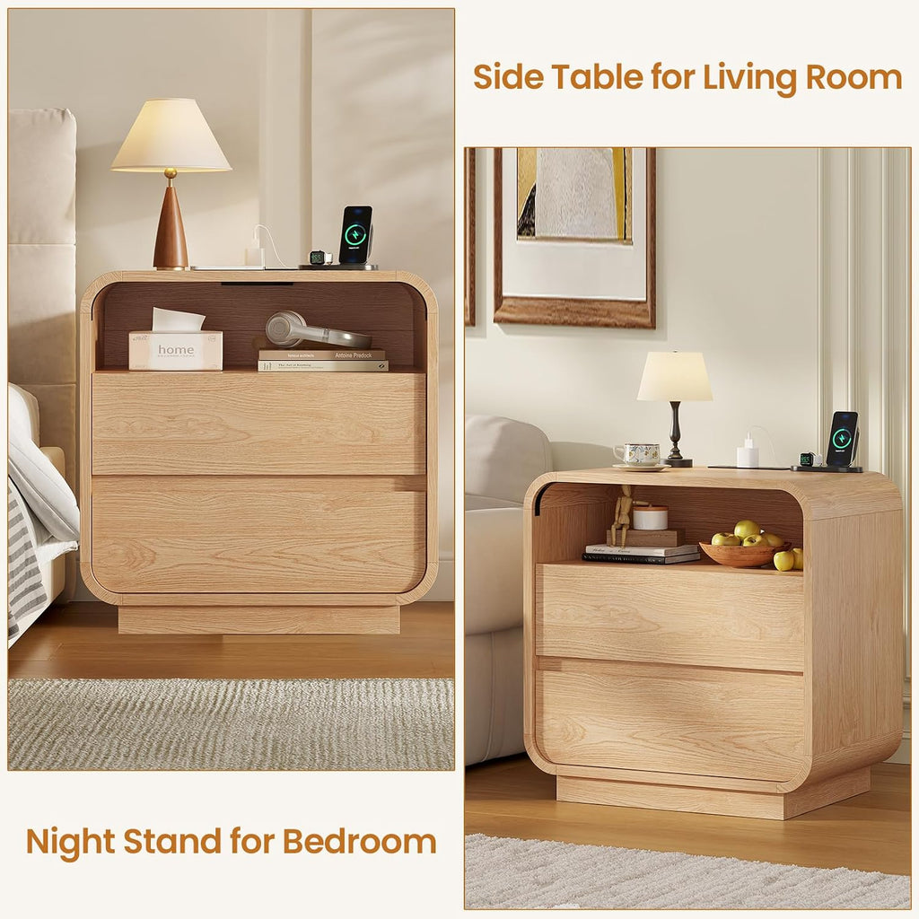 25" Tall Modern Nightstand with Charging Station, 23.6" Wide Wood Bedside Table w/2 Storage Drawers, Curved Profile