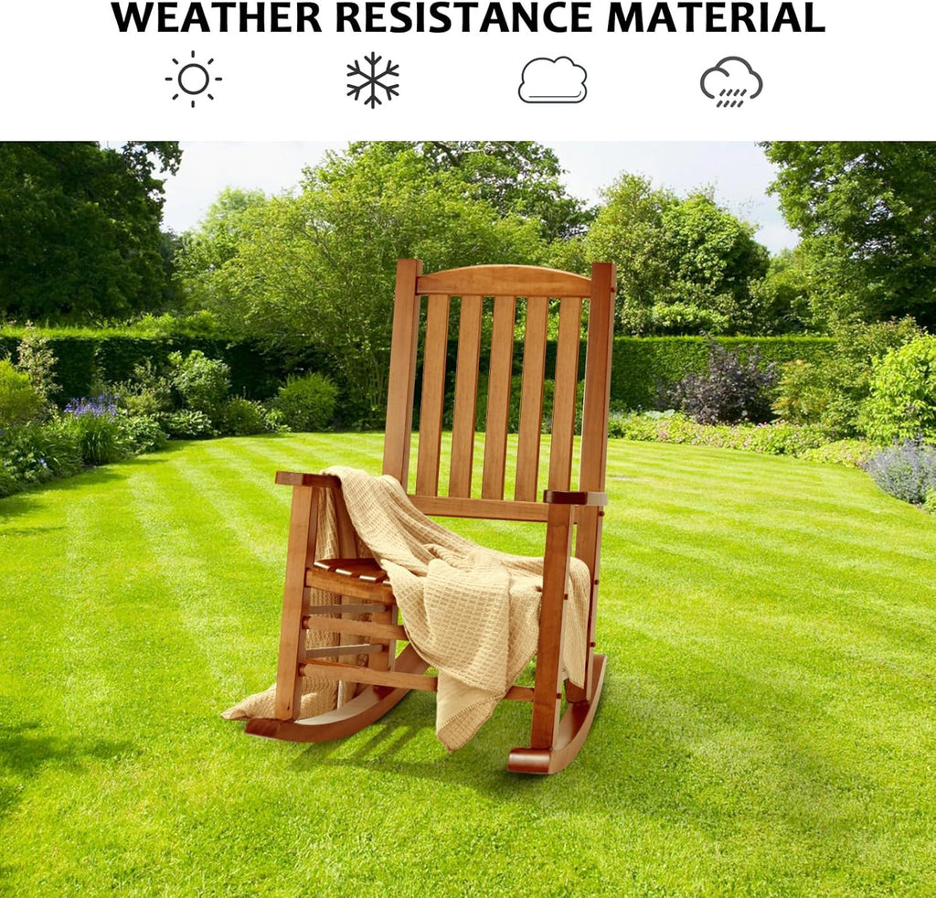Wooden Oversized Porch Rocker Chair with High Back and Armrest, All Weather Slatted Rocker for Backyard, Garden, 400