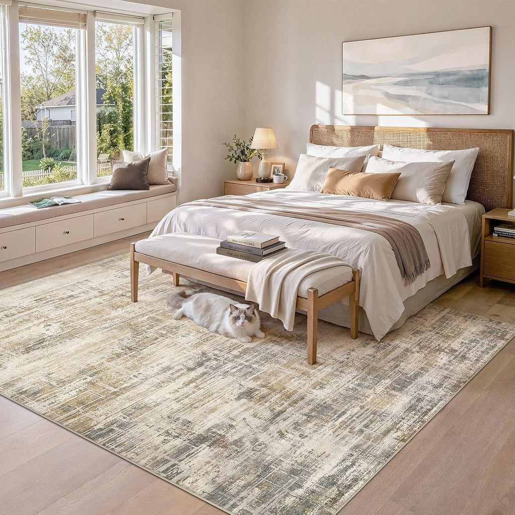 8x10 Area Rug Washable Abstract Golden Brown Carpet