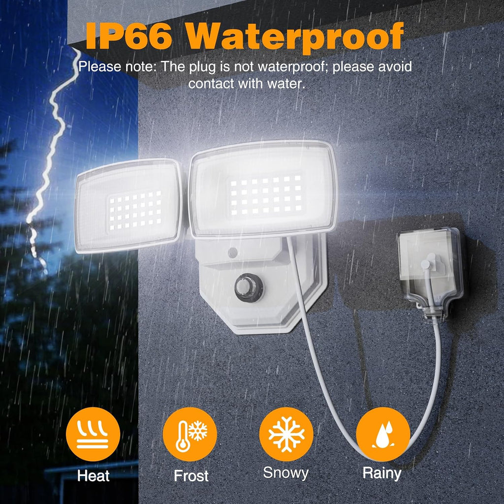 32W 3200LM Dusk to Dawn Outdoor Lighting,6500K Dual Heads Plug in Flood Light,White Outdoor Lighting,IP66 Waterproof