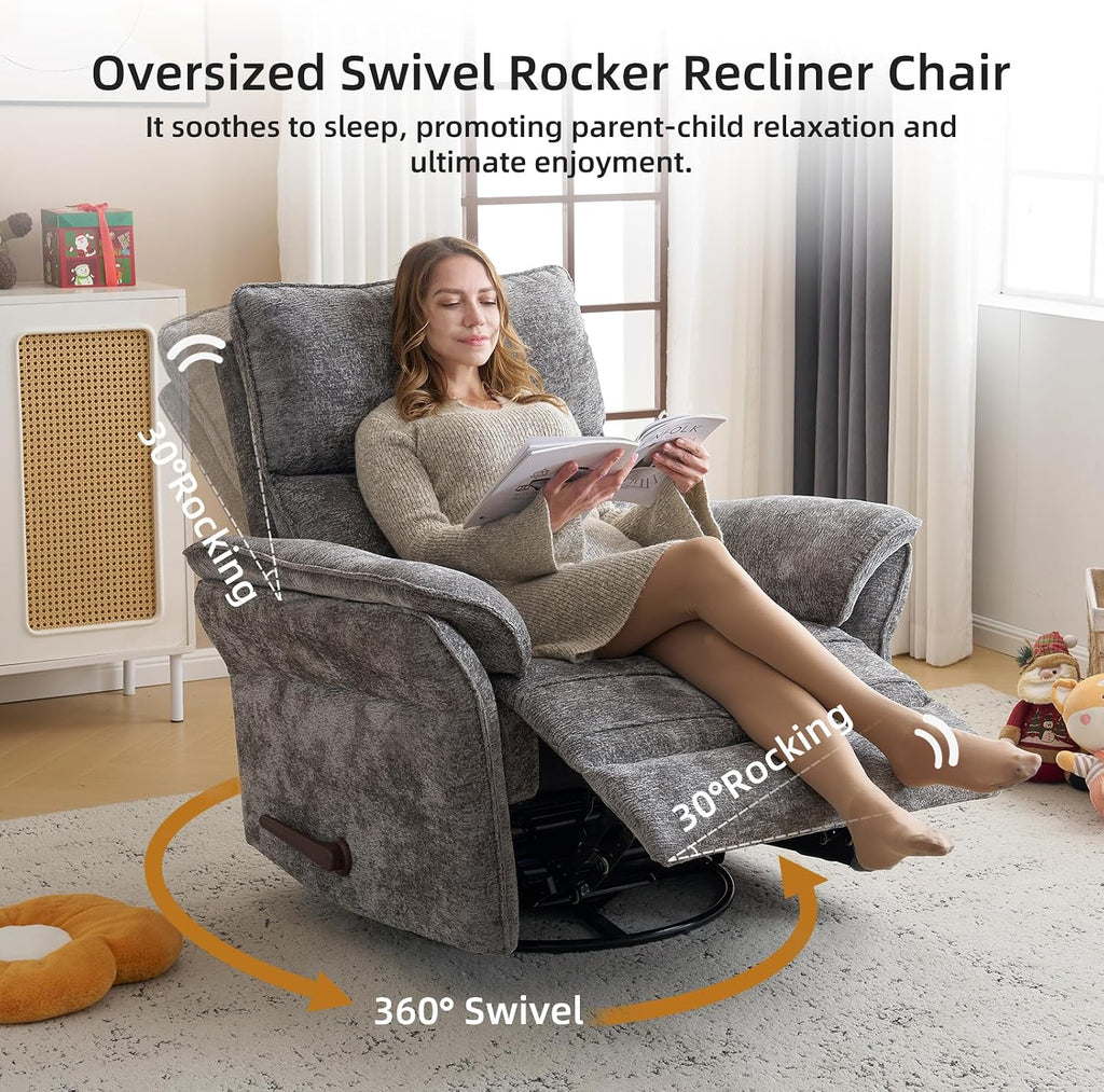 Oversized Glider Rocker Recliner, 24" Extra Wide 360° Swivel Nursery Recliner with Adjustable Headrest, Chenille