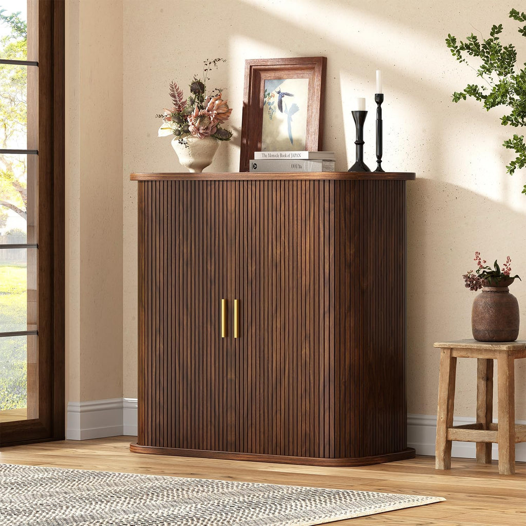 5-Tier Sliding Door Shoe Cabinet, Adjustable Shelves Wooden Shoe Storage with Gold Handle, Mid-Century Modern