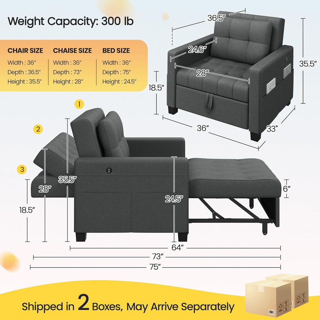 Sleeper Chair, Converts to Bed with USB Ports & Pocket, Dark Gray | Futon, Lounge Chair Fabric Sofa Bed 3-in-1