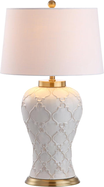 29" Cream Textured Ceramic Table Lamp, Transitional Quatrefoil Trellis Design with White Linen Drum 