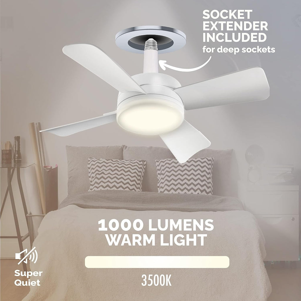 Breeze Socket Fan Light with Remote, Portable Small Ceiling Fans with Lights for Bedroom, Kitchen, Living Room, Ceiling Fan with Light 3500K, 1000 Lumens, Screws into E26/E27
