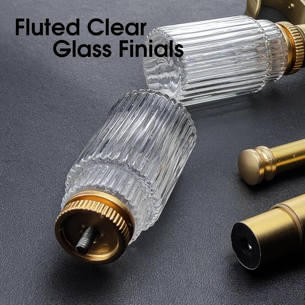 Decorative Curtain Rod Finials, Ribbed Glass Finials with Gold Base, Set of 2, Compatible with 1 inch or 1-1/8 inch