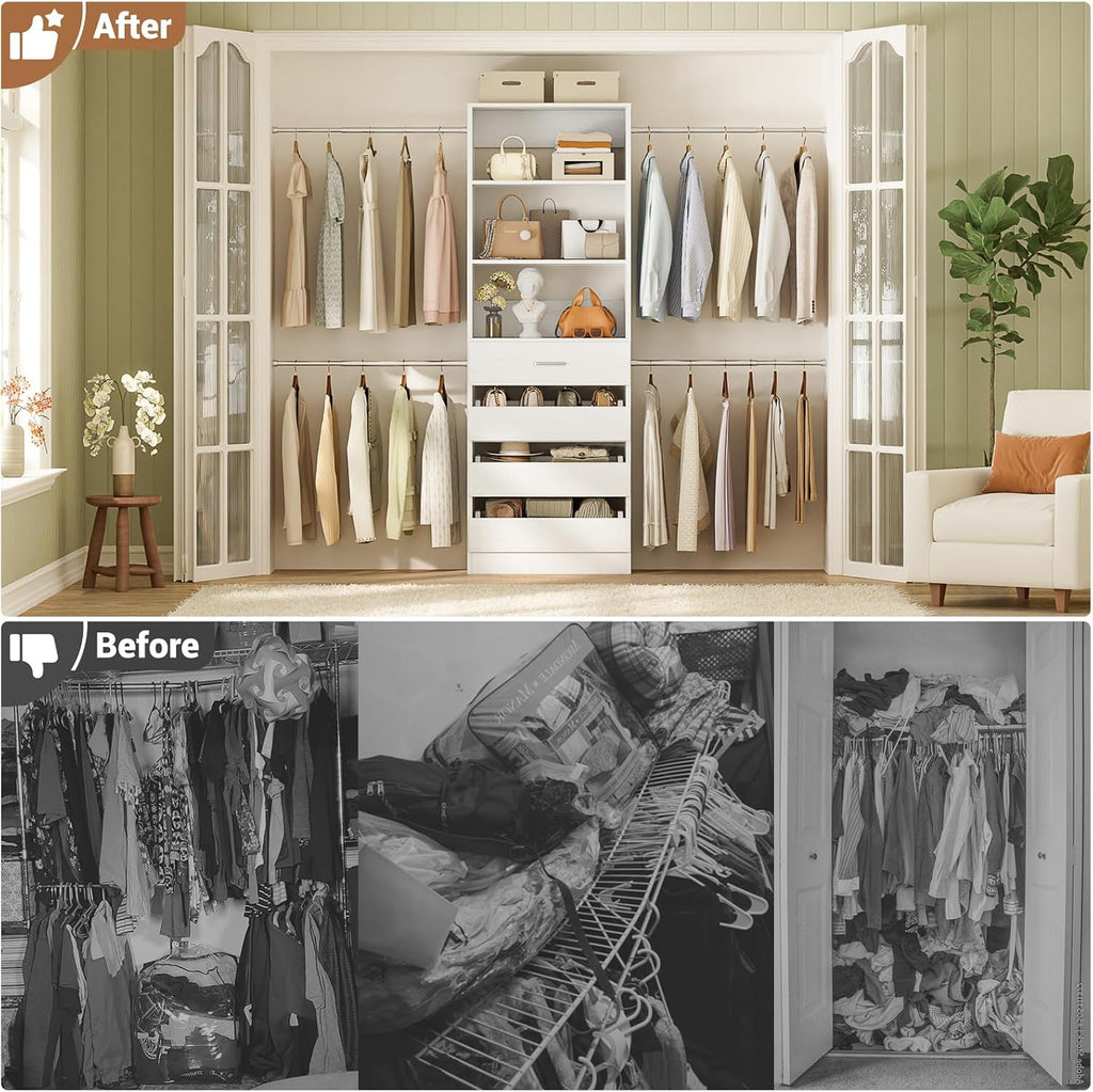 Closet System, 4-9Ft Closet Organizer with 4 Wooden Drawers, Wood Closet Organizer System with Tower, Walk-in Closet