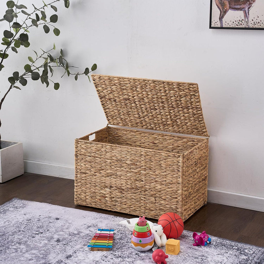 Water Hyacinth Storage Basket with Lid, 52.8 Gallon (200L) Wicker Storage Trunk with Handles, Handwoven Large Wicker