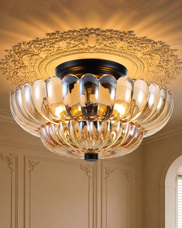 Semi Flush Mount Ceiling Light Fixture 11.8" Vinatge Black Ceiling Lights Mid Century Modern Glass Close to Ceiling