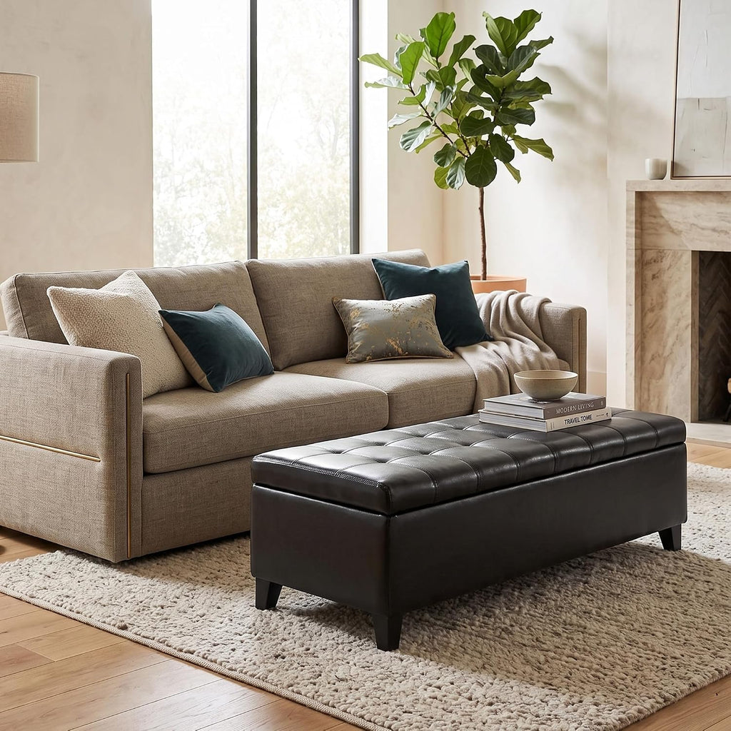 51" Ottoman Storage Bench Faux Leather Storage Chest Black | Lift Top, Tufted Ottoman, Living Room, Entryway