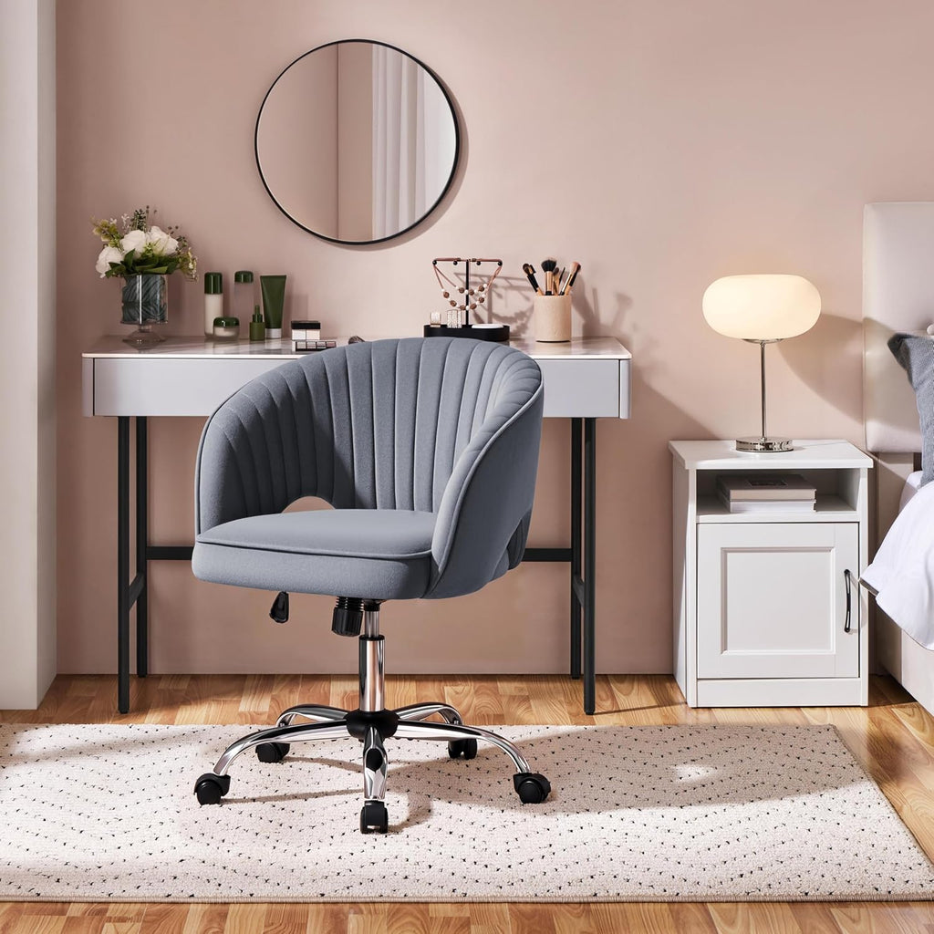 Home Velvet Desk Chair, Upholstered Modern Swivel Chair with Tufted Barrel Back, Rolling Wheels for Office, Study