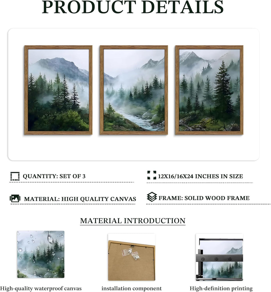 Framed Forest Wall Art Set of 3, Misty Mountain Landscape Canvas Wall Decor Paintings, Nature Tree River Scenery