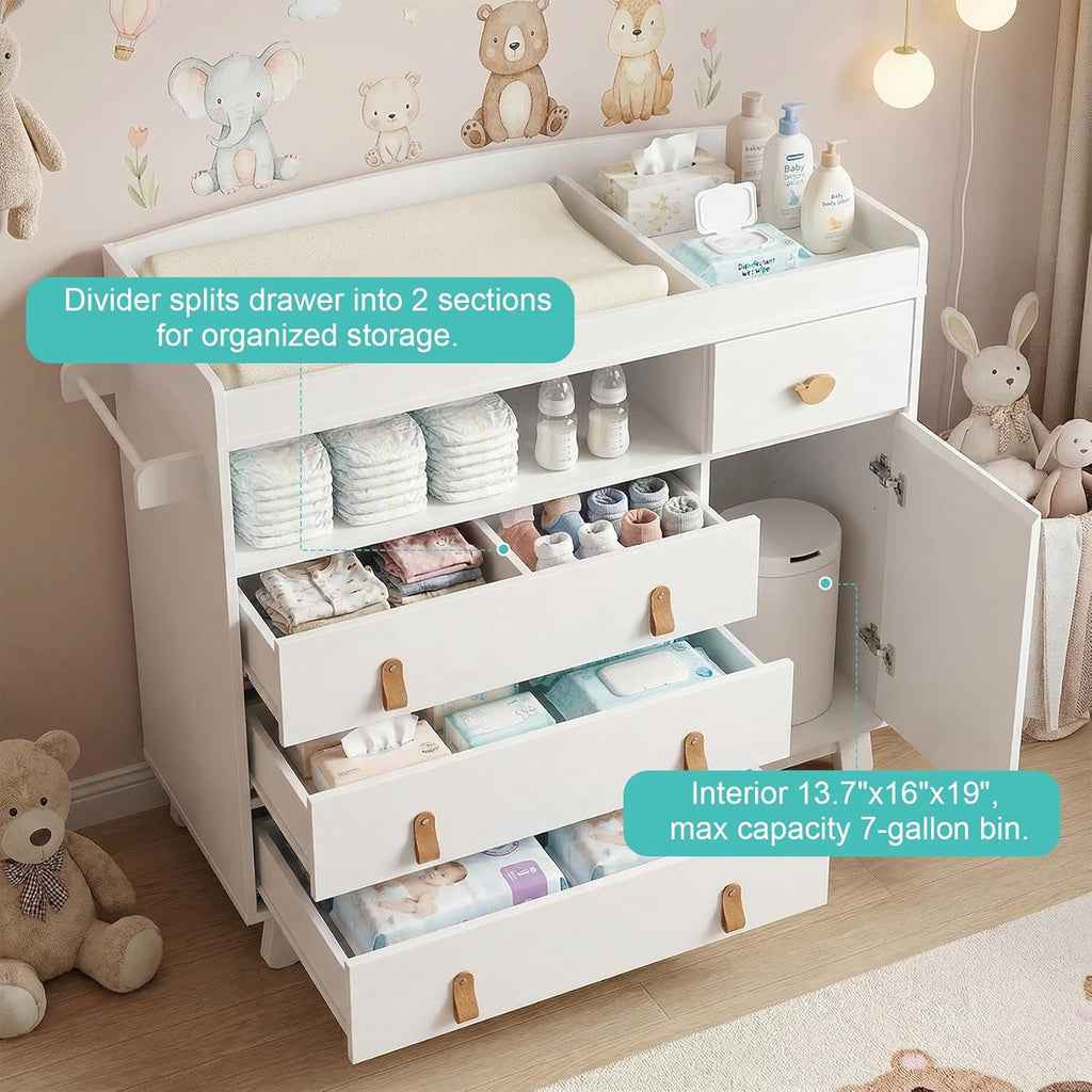 Baby Dresser with Changing Table Top, Baby Changing Table Dresser with 4 Drawers and Adjustable Shelves