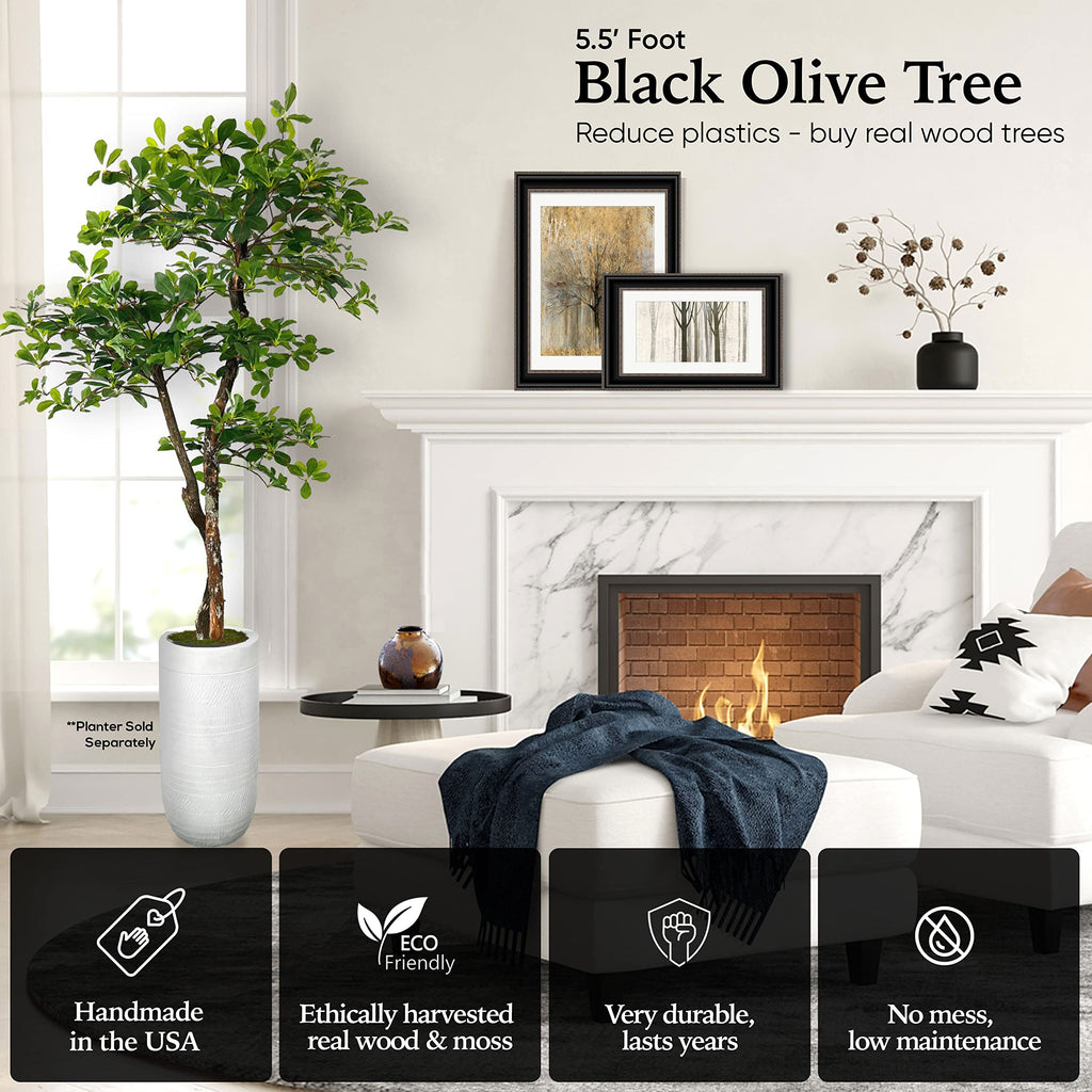 Handmade 5ft 3-Tier Black Olive Leaf Artificial Tree with Ethically Sourced Real Wood Trunks, Hypoallergenic, 5-Foot