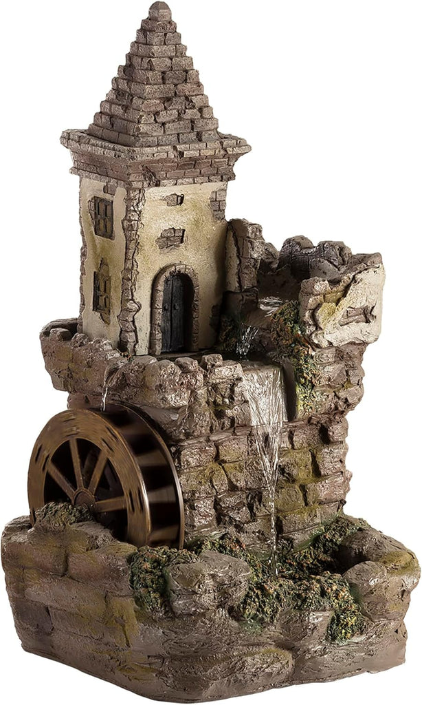 USA1164 Outdoor Floor Tiered Fairy Castle Waterwheel Water Fountain with Realistic Stone Look, 35", Brown