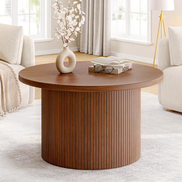 31.5" Round Coffee Table, Tambour Design Coffee Tables, Mid Century Modern Wood Coffee Table, Drum Accent Small