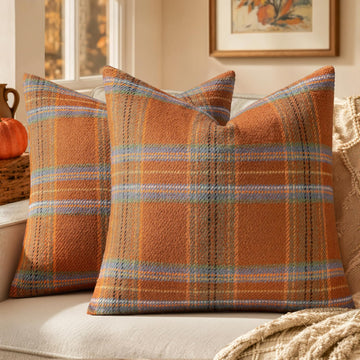 Fall Plaid Decorative Euro Sham Pillow Covers Set of 2 24x24 Orange