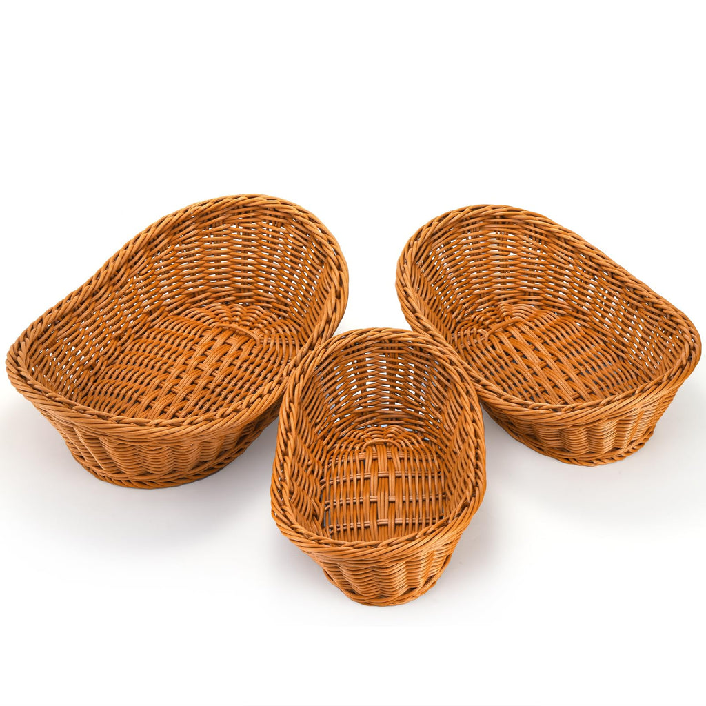 3 Pack Small Woven Breads Baskets, Oval Fruit Baskets Stackable Plastic Wicker Basket for Serving Vegetables