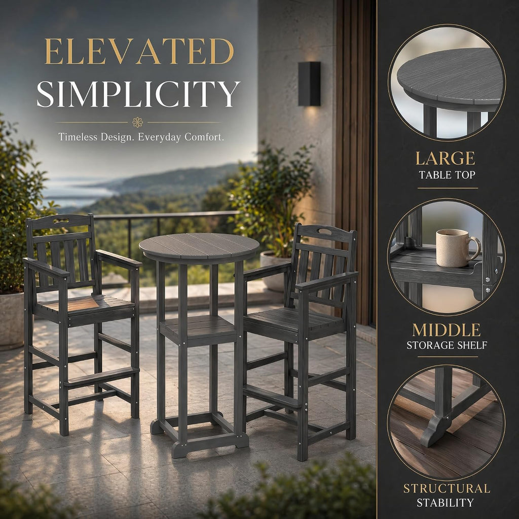 3-Pc Bistro Set High Top Table 2 Adirondack Chairs HDPE Round Grey | Round w/shelf. HDPE wd-grain, adj