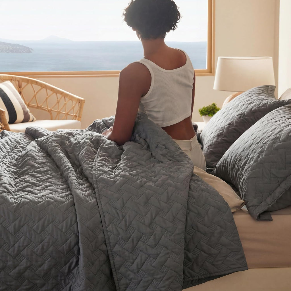 Quilts - Grey Bedspreads with Basket Weave Pattern, Soft Quilt Bedding Set, Lightweight Comforter Set
