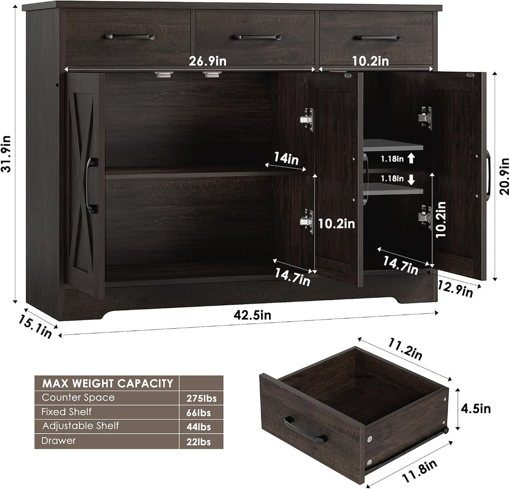 Kitchen Buffet Cabinet with Storage, Sideboard Coffee Bar, Brown | Farmhouse Kitchen Storage Cabinet with 3 Drawers &