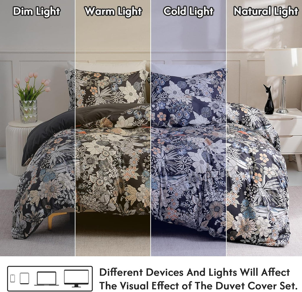 Flower 3 Pcs Duvet Cover Set, Breathable Soft Microfiber Black Lining Comforter Cover with Zipper Closure, and