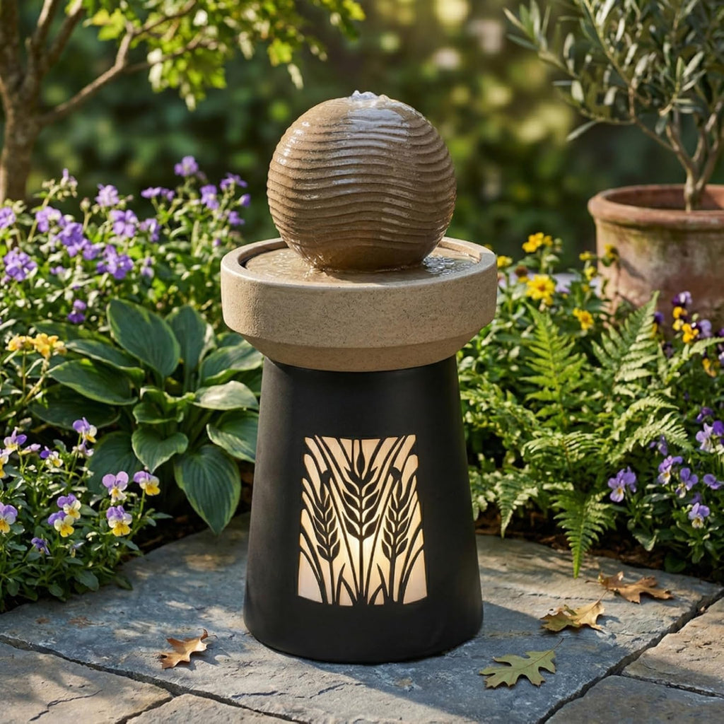 Modern Sphere Water Fountain with LED Lights and Quiet Pump, Freestanding Resin Zen Decor, Suitable, Balcony, Indoor