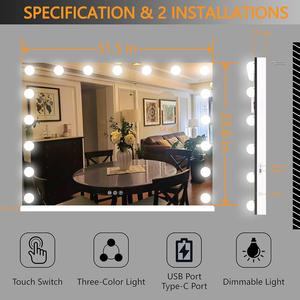 32" x24” Hollywood Vanity Mirror with Lights - Makeup Mirror with 17 Dimmable LED Bulbs, 10X Magnification, Touch