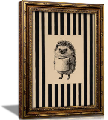 Vintage Gold Framed Funny Bathroom Wall Art, Hedgehog Holding Toilet Paper Canvas Print, Black and White Striped