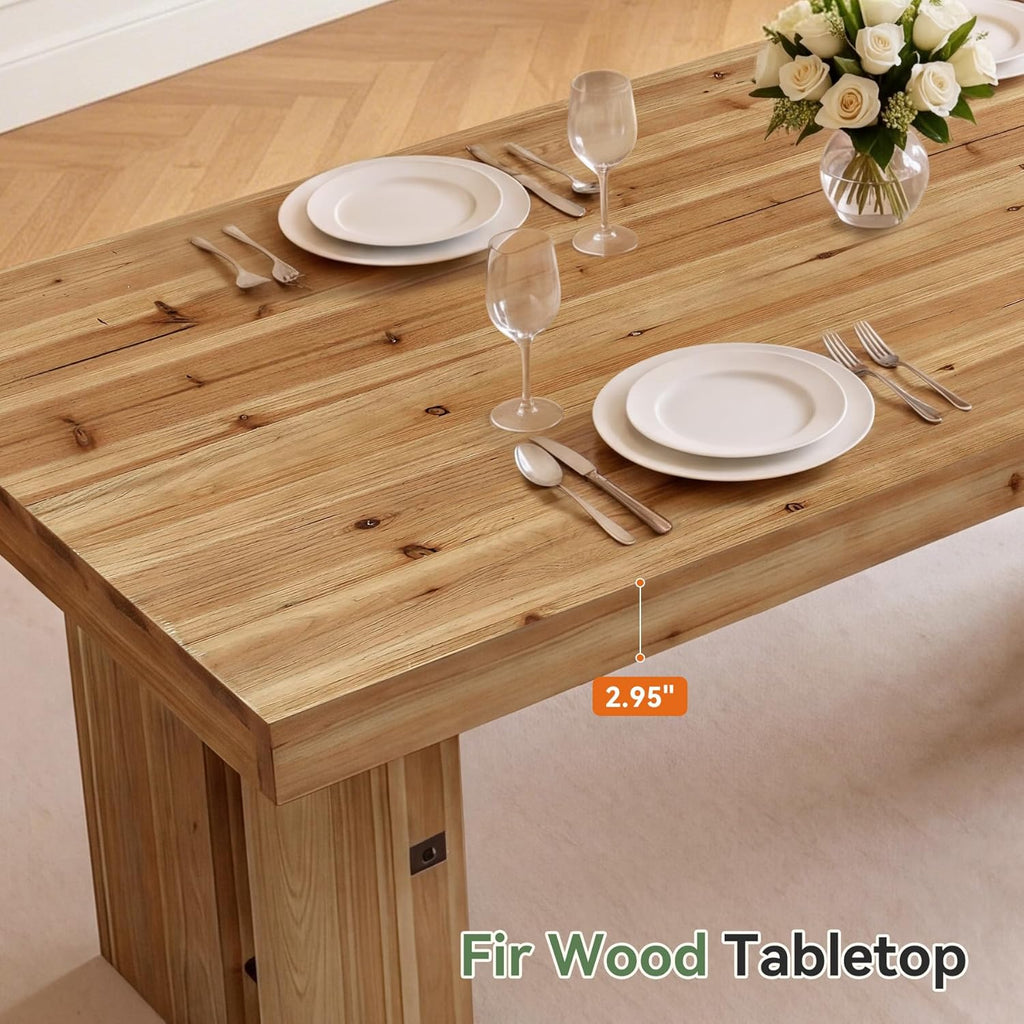 63-Inch Dining Table, Farmhouse Solid Wood Kitchen Table for 6 People, Rectangle Dinner Desks with Pedestal Base for