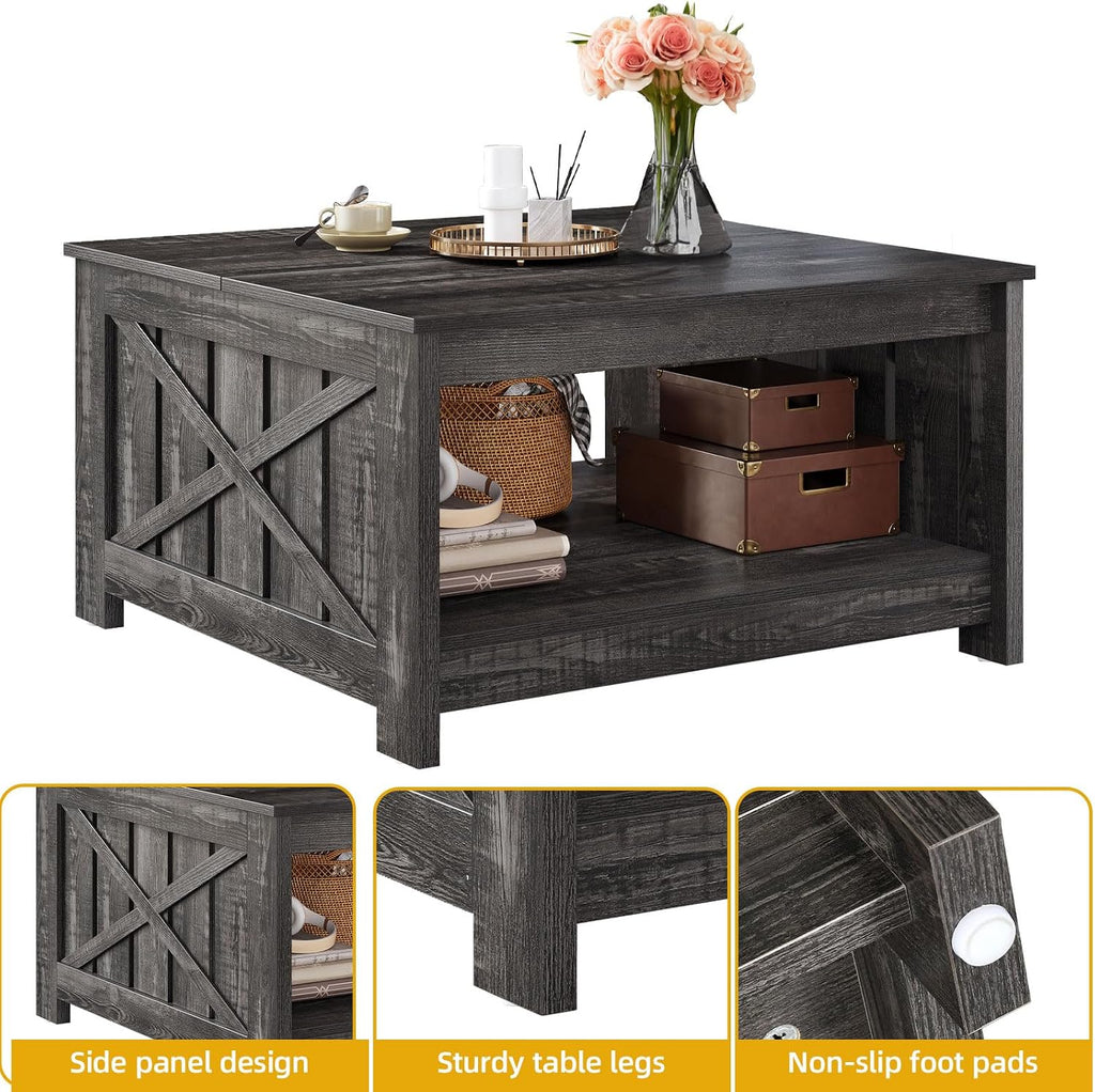 Square Coffee Tables Farmhouse Coffee Table with Storage, 2-Tier Wood Center Table with Half Open Storage Compartment