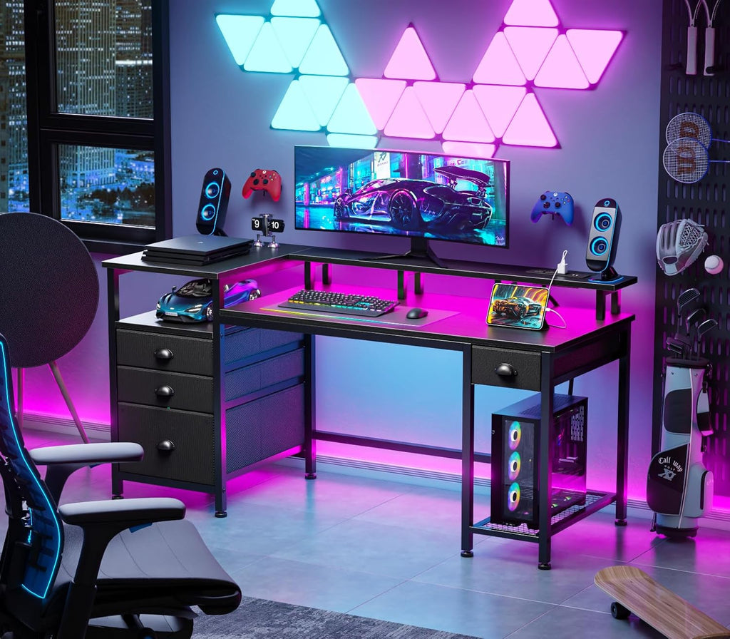 60" Black Computer Desk with 4 Drawers and Printer Space, Gaming Desk with LED Lights and USB Power Outlets