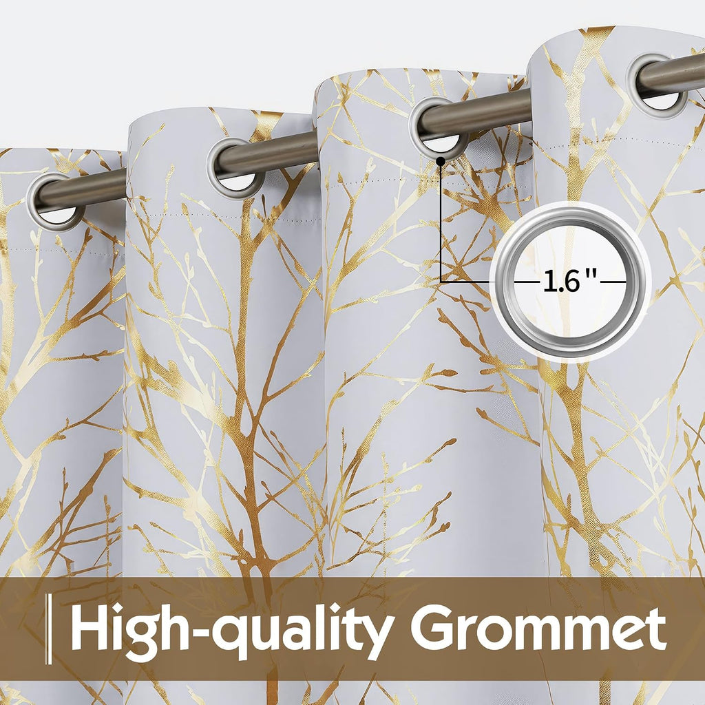 100% Blackout Grey Gold Foil Tree Curtains 96 Inch Long 2 Panels