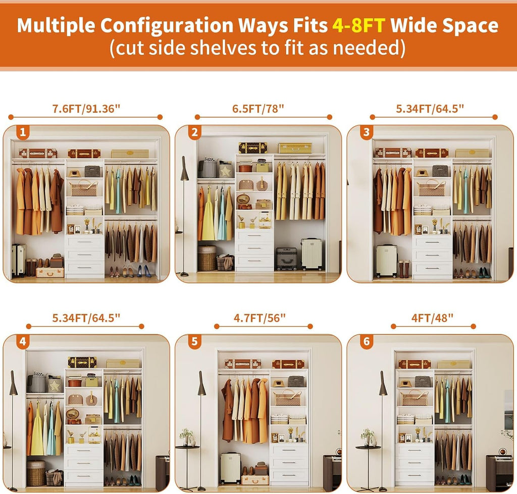 Closet System with Drawers, 5-7.61FT Closet Organizer System with Cuttable Shelves & 3 Expandable Hanging Rods, 96"