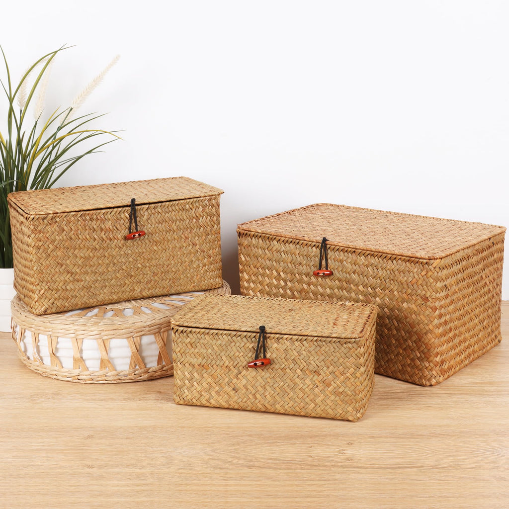 Wicker Shelf Baskets with Lid, Natural Seagrass Storage Basket Box
