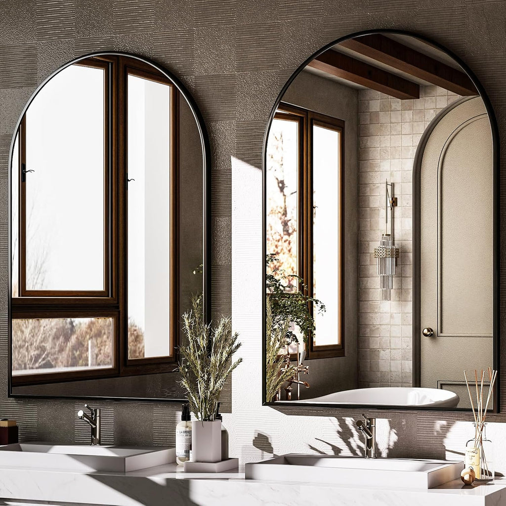 Arched Wall Mirror 24"x36" - Black Metal Frame Vanity Mirrors Decor