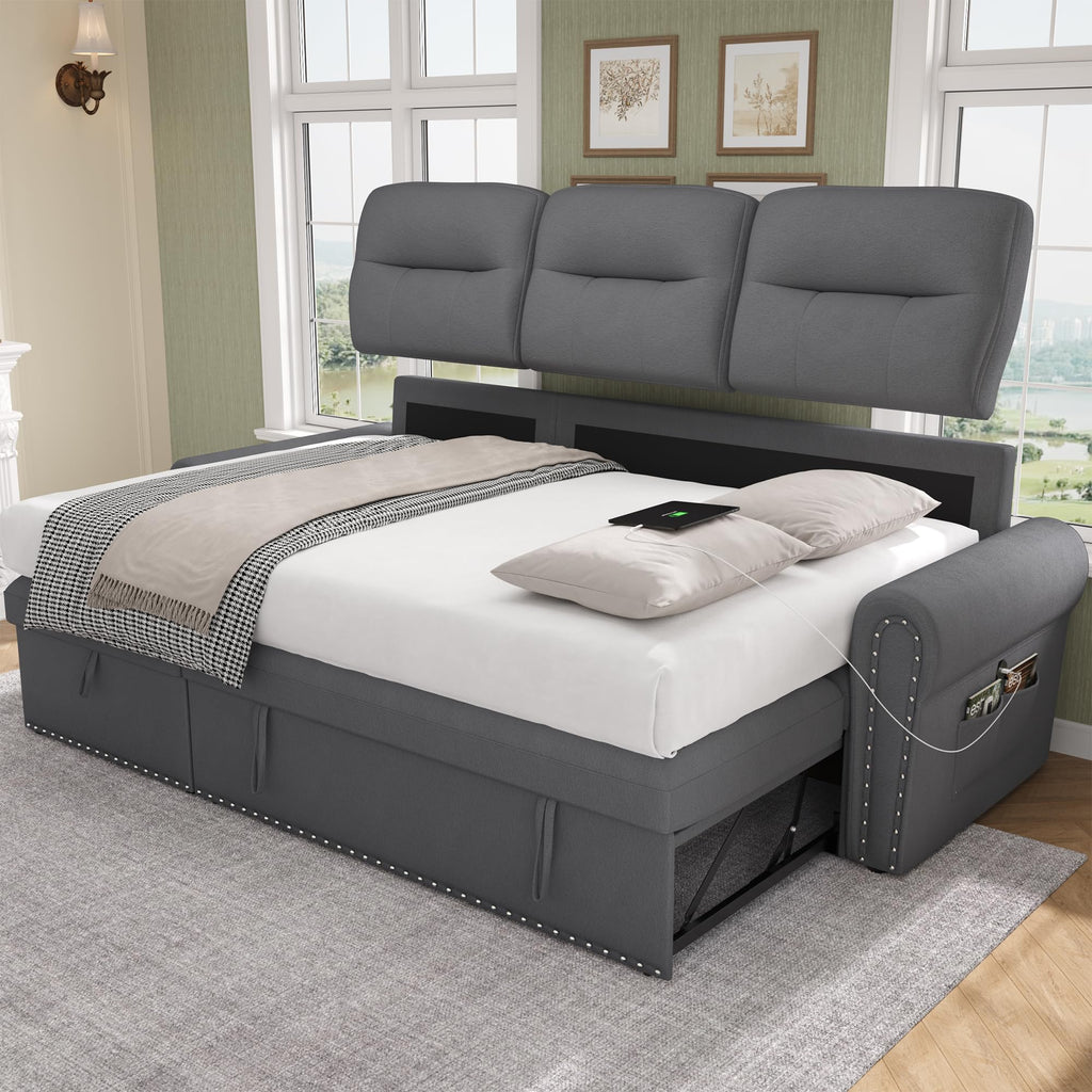 Sleeper Sofa Bed, 83'' Sectional Couch with Reversible Storage Chaise & Nailhead Armrest, Pull Out Couches, Side