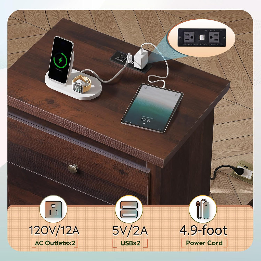 Tall Nightstand with Charging Station, Wood Night Stand with 3 Drawers Storage, Bedside Table End Side Tables with 2