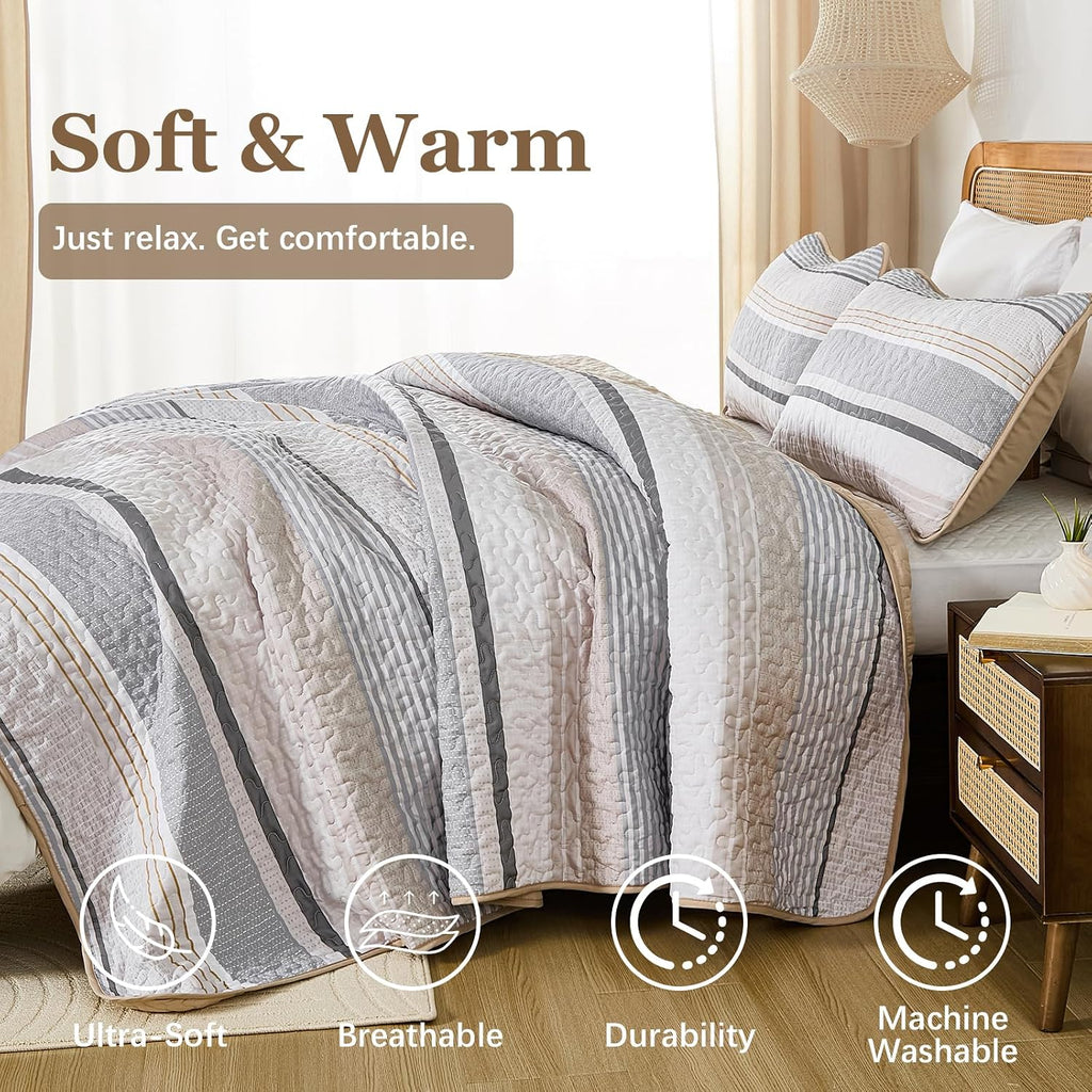 King Quilts Khaki, 3 Pieces Grey Boho Striped Bedspread Bedding for King Bed, Soft Lightweight Microfiber Bohemian