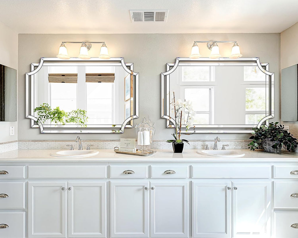32" x 47" Large Wall Mirror Decor, Modern Unique Decorative Mirror with Beveled Glass Scalloped Corner, Horizontal or