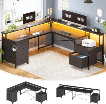 L Shaped Computer Desk with 6 Drawer, File Drawer & Power Outlet | 108" Corner Computer Desk with Monitor Shelf, File