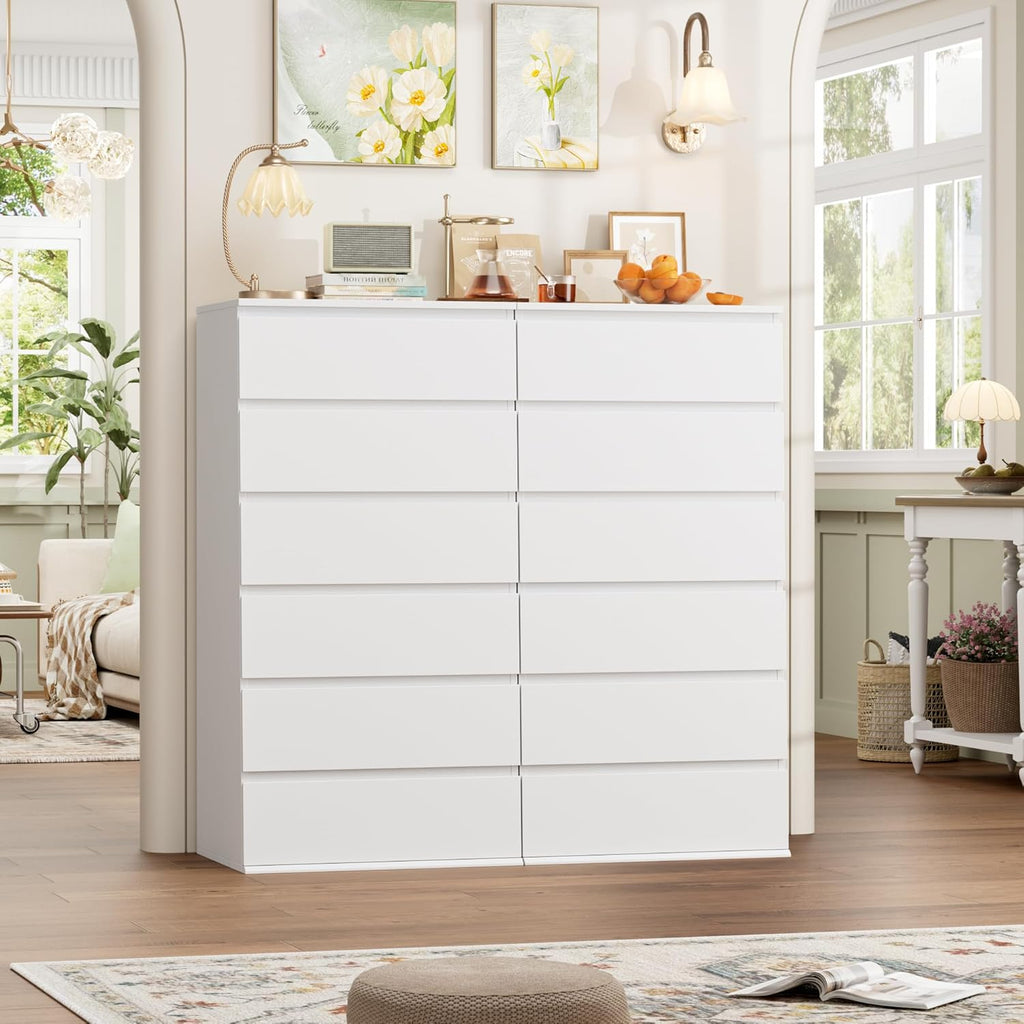 White Dresser, 6 Drawer Dresser, Modern Tall Floor Storage Cabinet with Metal Sliding Rail, Wooden Handleless Drawer
